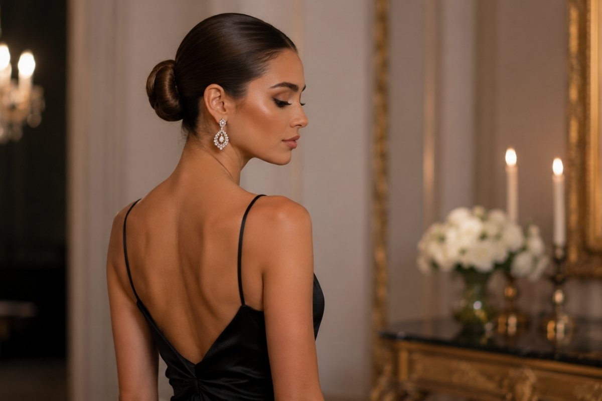 devojka u elegantoj haljini sa podignutom zalizanom pundjom